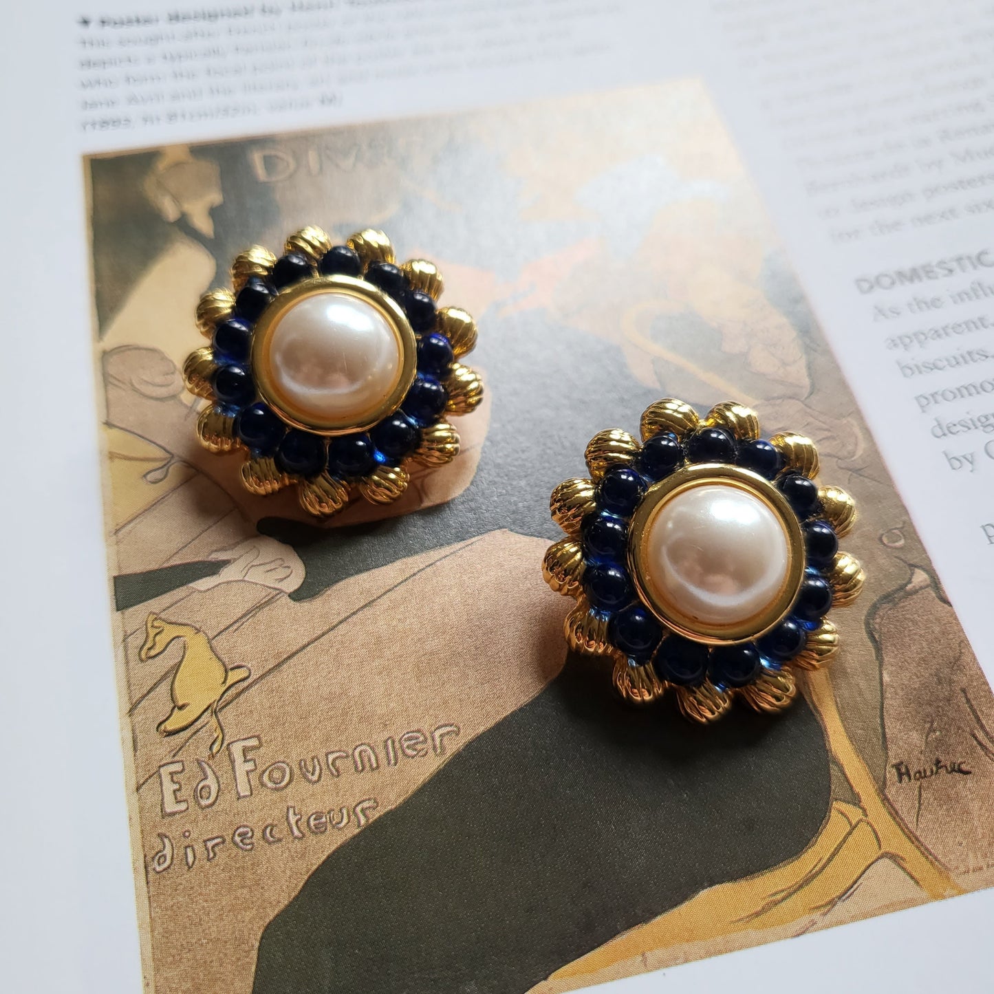 Clip on - Joan Rivers Pearl and Blue Glass Beads Flower Clip on Earrings