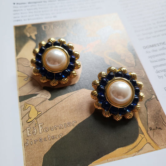 Clip on - Joan Rivers Pearl and Blue Glass Beads Flower Clip on Earrings