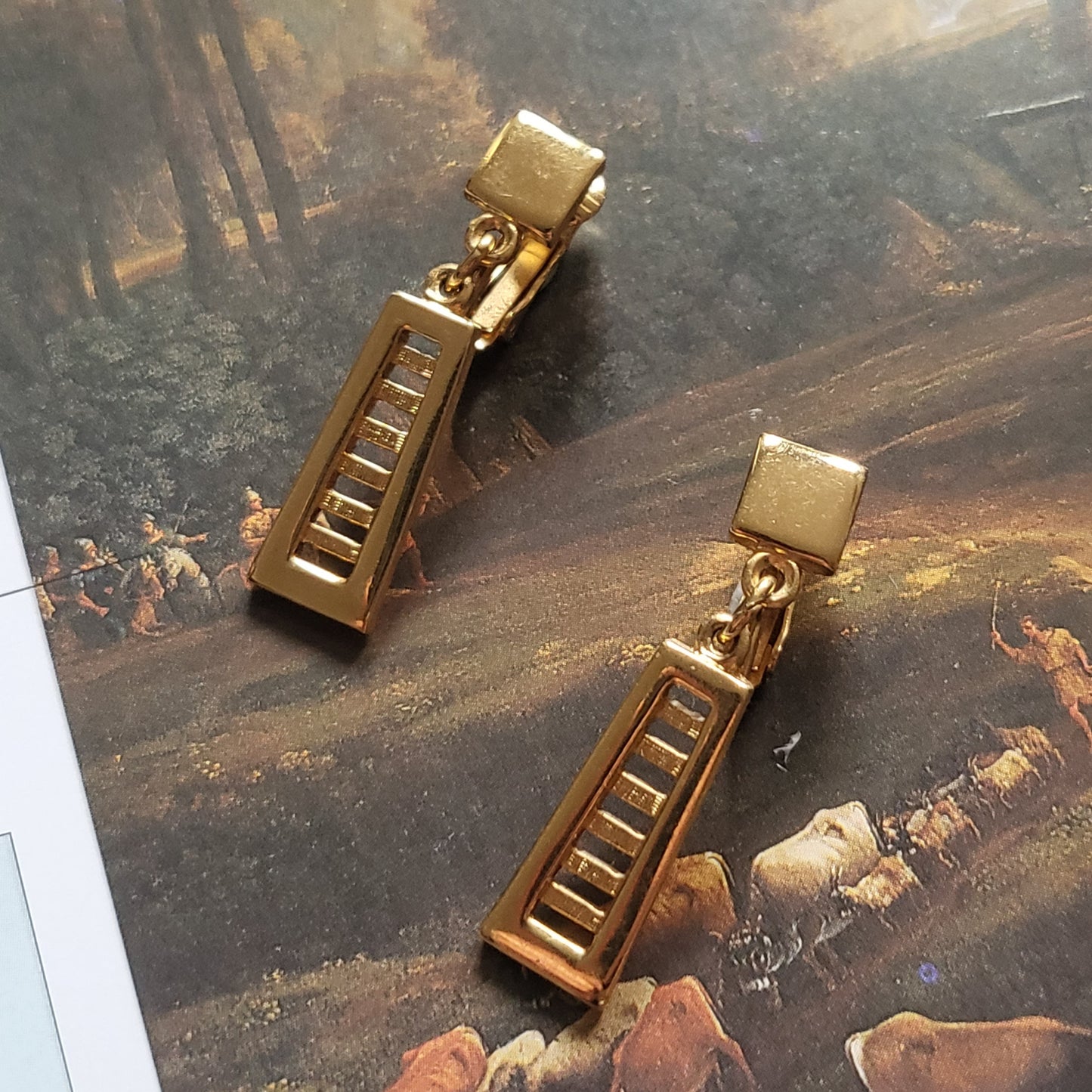 Clip on - Trifari Gold Ladder Drop Clip on Earrings