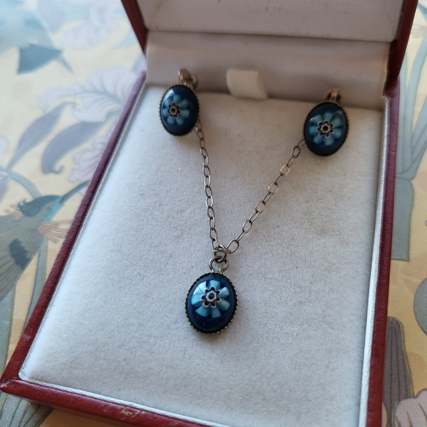 Set - Sterling Silver Murano Glass Blue Flower Pendant Necklace and Clip on Earrings