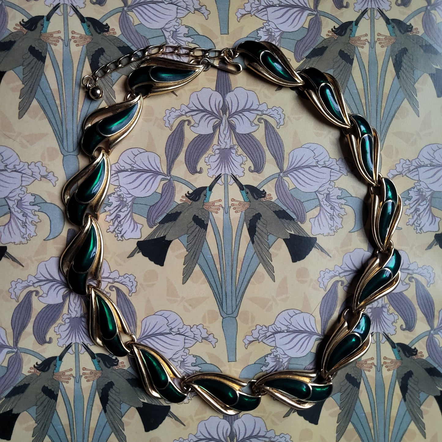 Necklace - Trifari Green Enamel Abstract Leaf Necklace