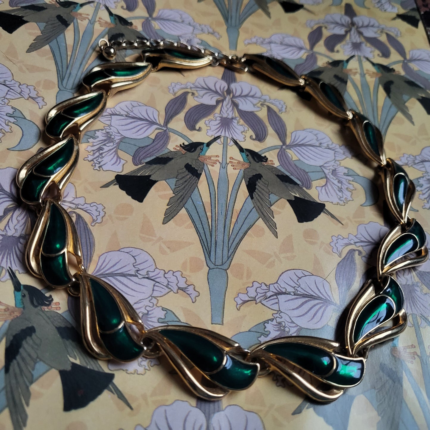 Necklace - Trifari Green Enamel Abstract Leaf Necklace