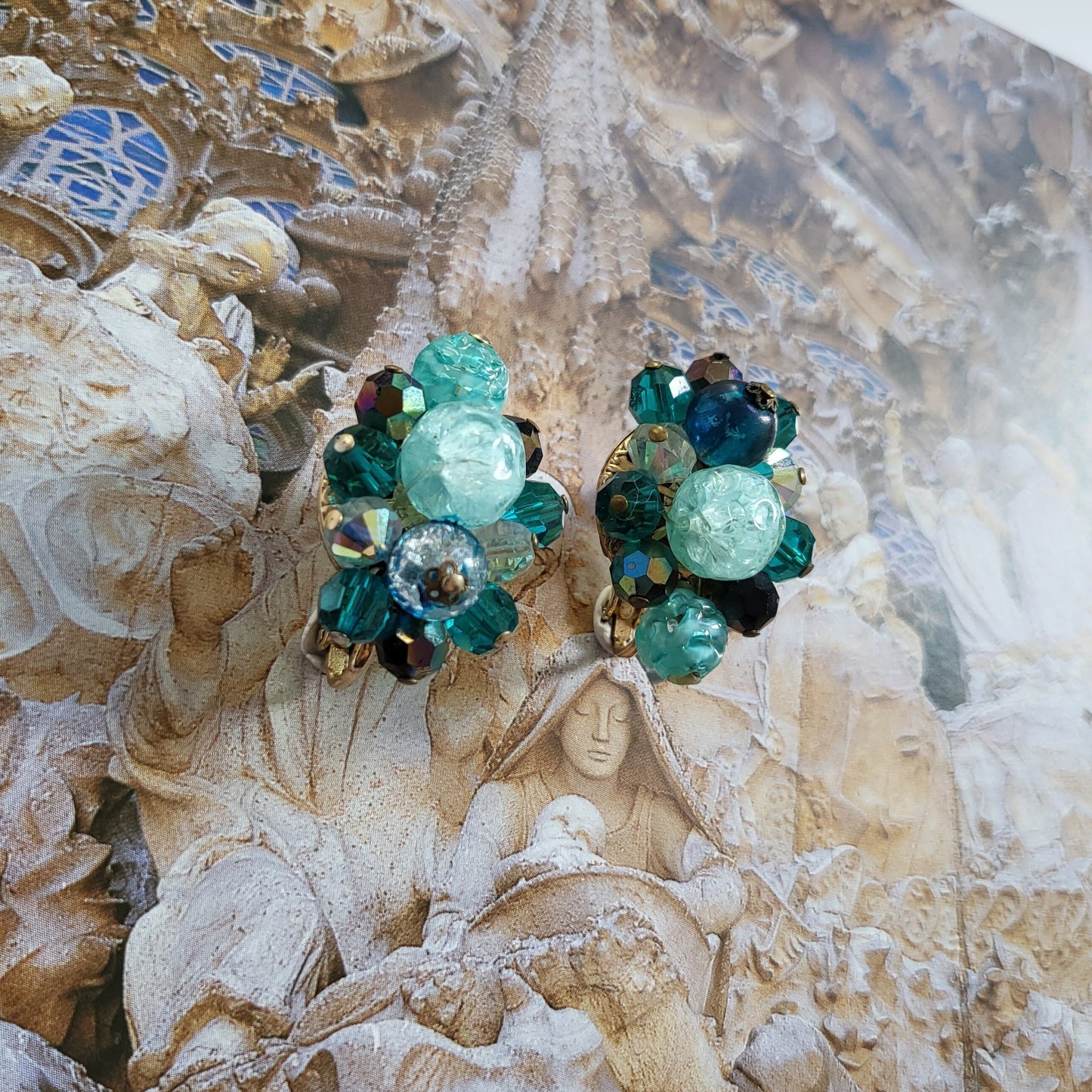 Clip on - Corocraft Green and Blue Glass Beads Clip On Earrings