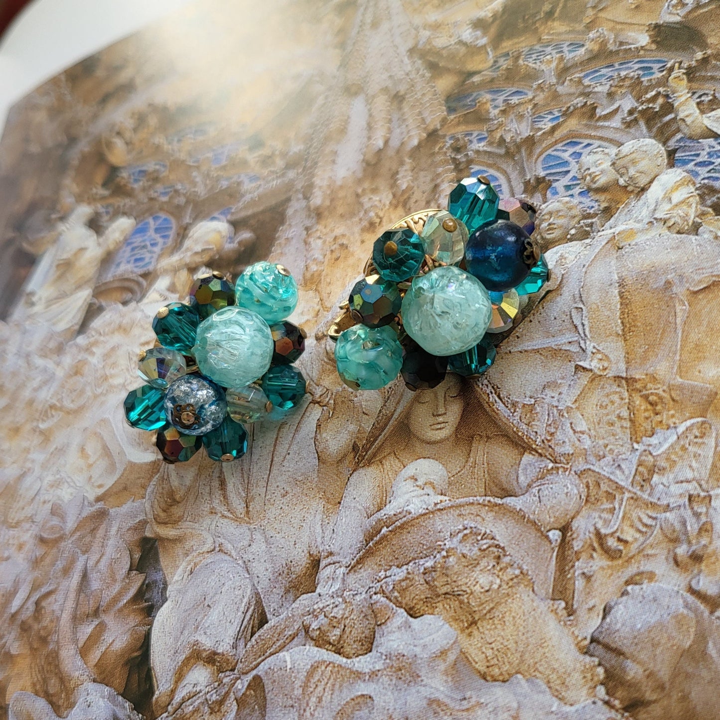 Clip on - Corocraft Green and Blue Glass Beads Clip On Earrings