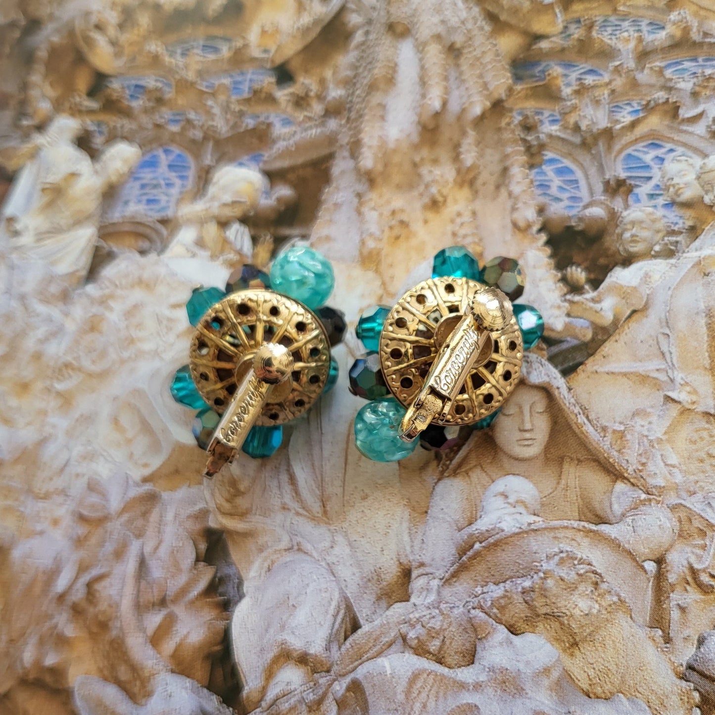 Clip on - Corocraft Green and Blue Glass Beads Clip On Earrings