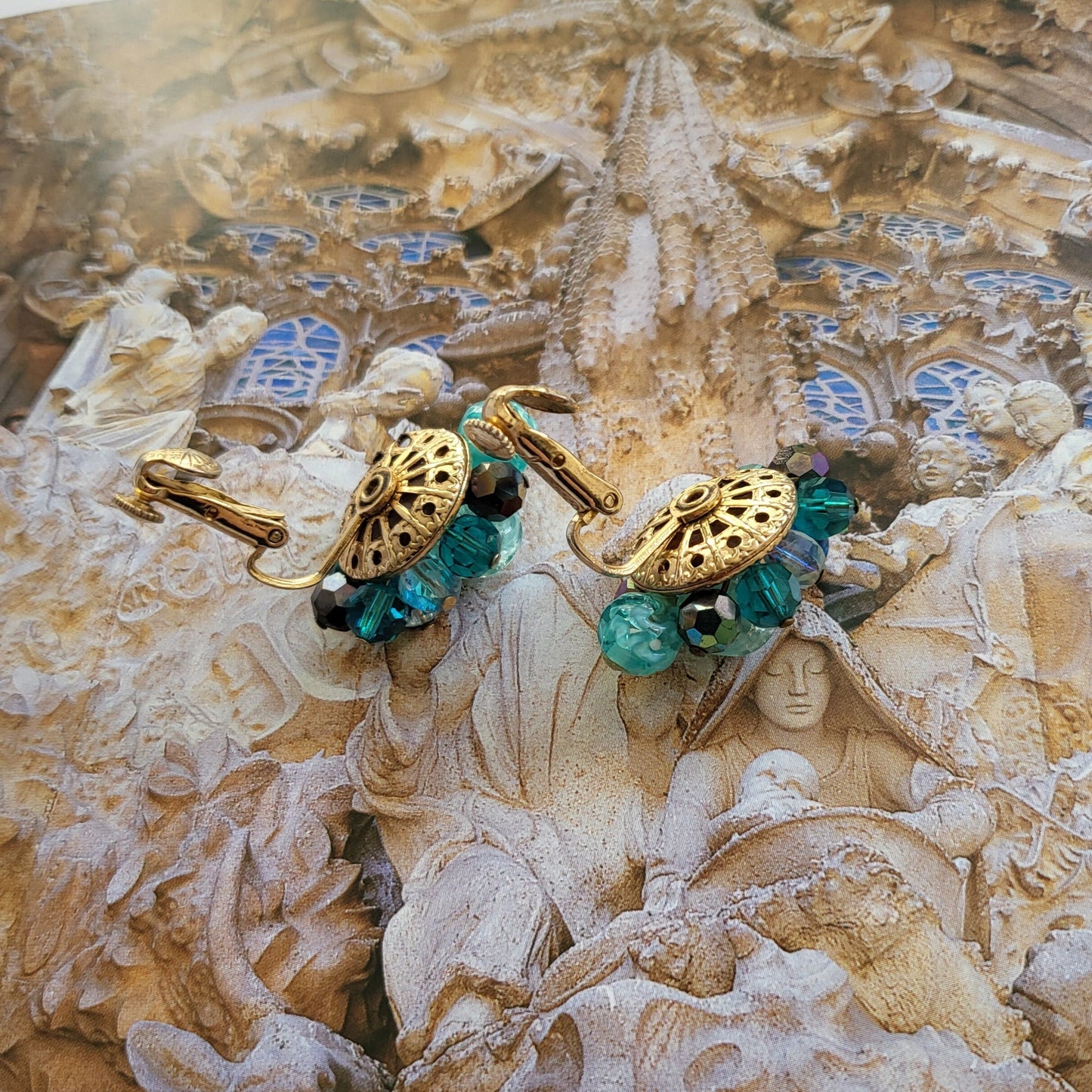 Clip on - Corocraft Green and Blue Glass Beads Clip On Earrings