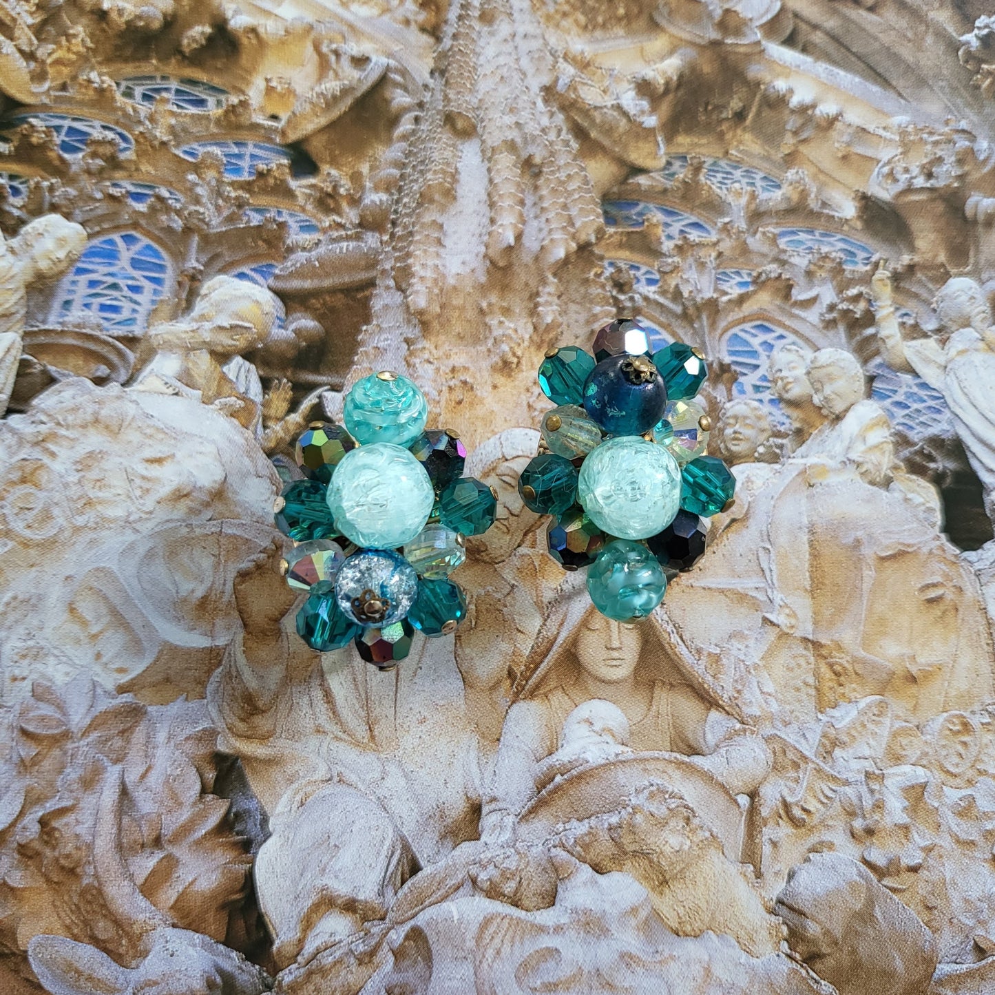 Clip on - Corocraft Green and Blue Glass Beads Clip On Earrings