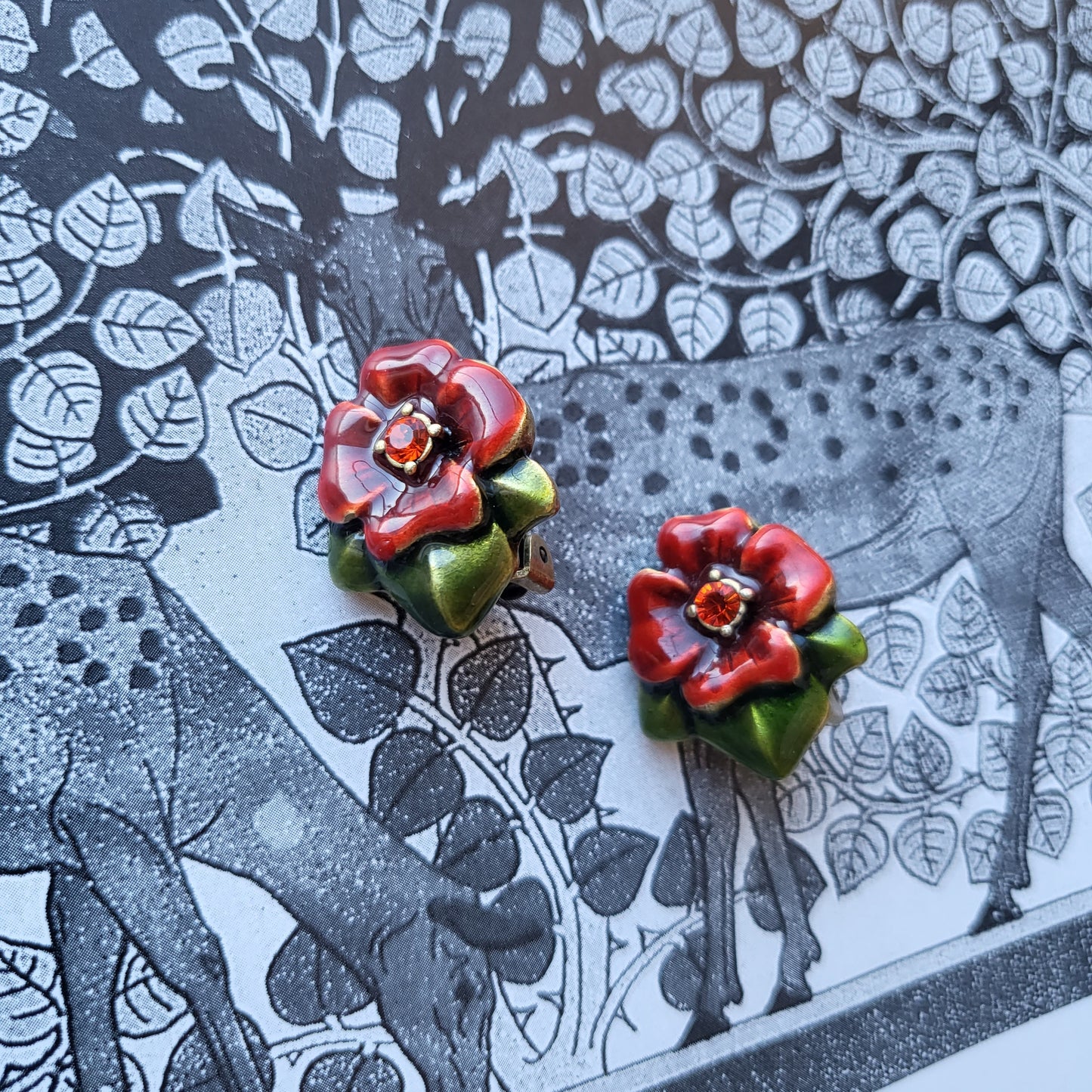 Clip on - Chico&#39;s Red and Green Enamel Flower Clip On Earrings