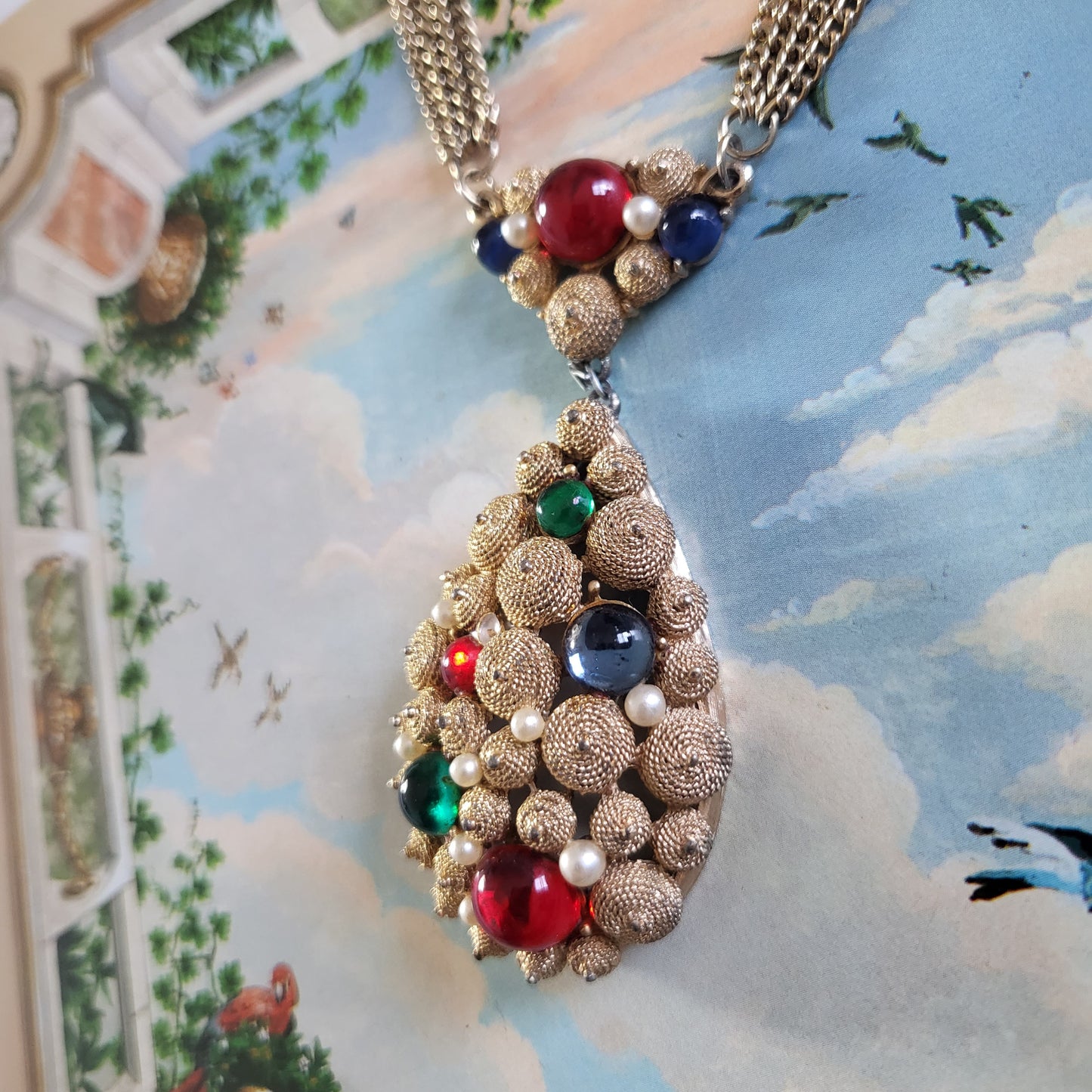 Necklace - Vintage SA Multicoloured Cabochon Glass Pendant Necklace