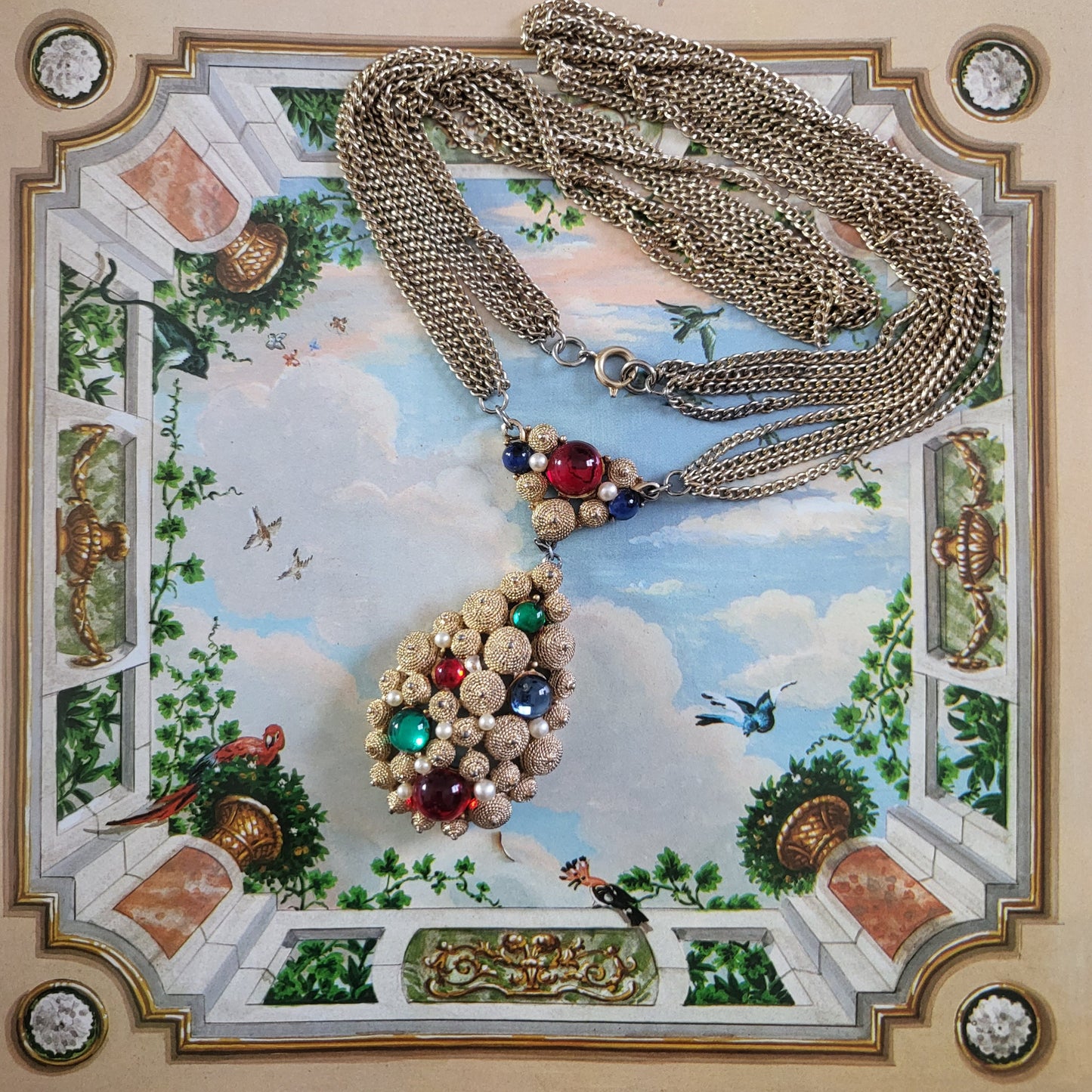 Necklace - Vintage SA Multicoloured Cabochon Glass Pendant Necklace