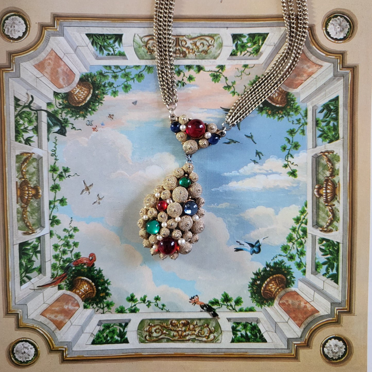 Necklace - Vintage SA Multicoloured Cabochon Glass Pendant Necklace