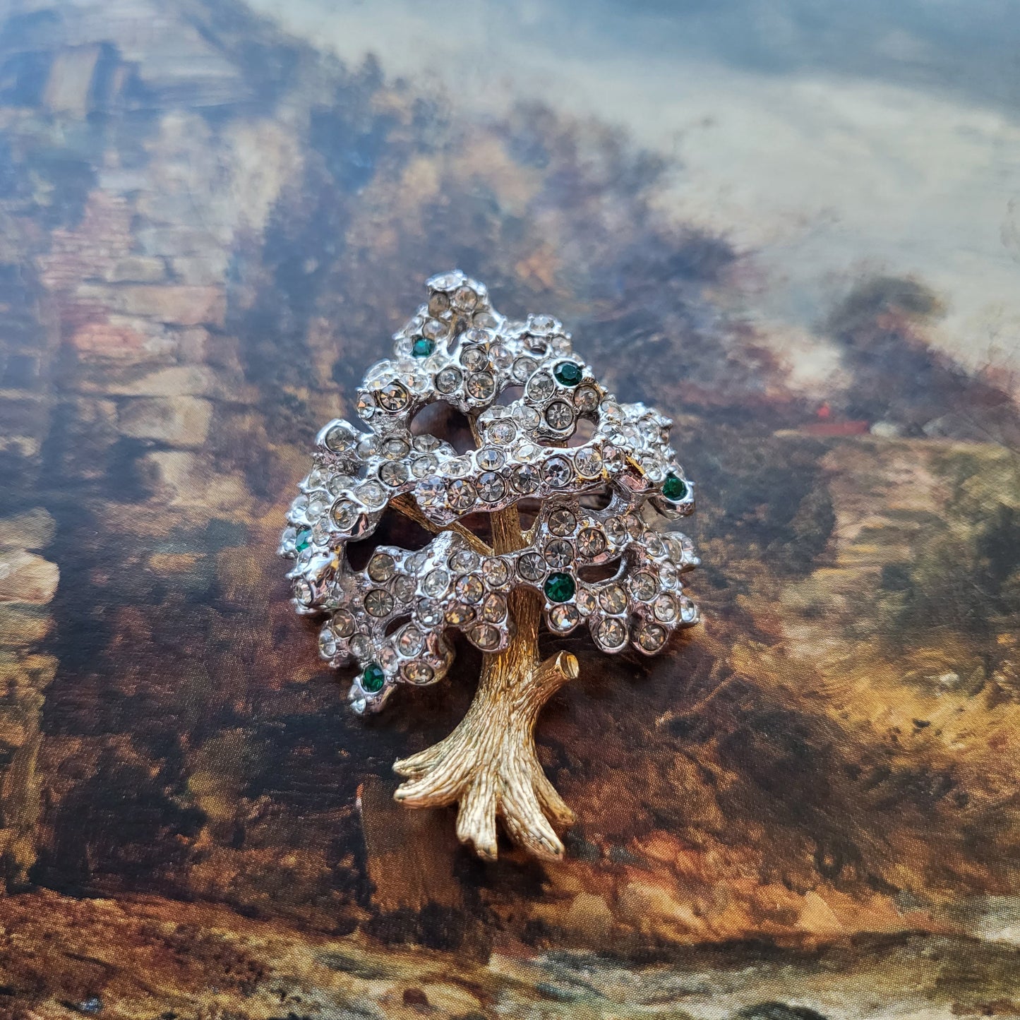 Brooch - Attwood and Sawyer Green and Clear Crystal Pine Tree Brooch