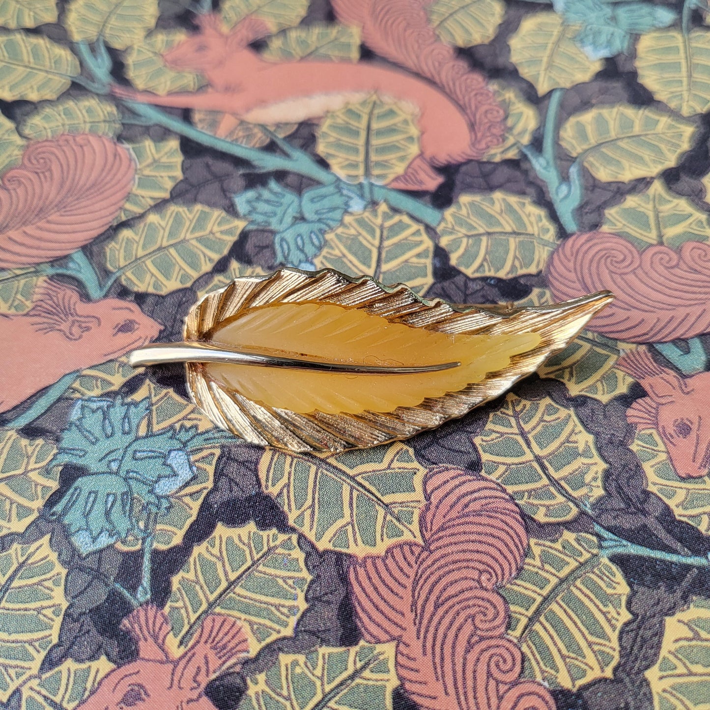 Brooch - Orena Yellow Thermoset Plastic Leaf Brooch