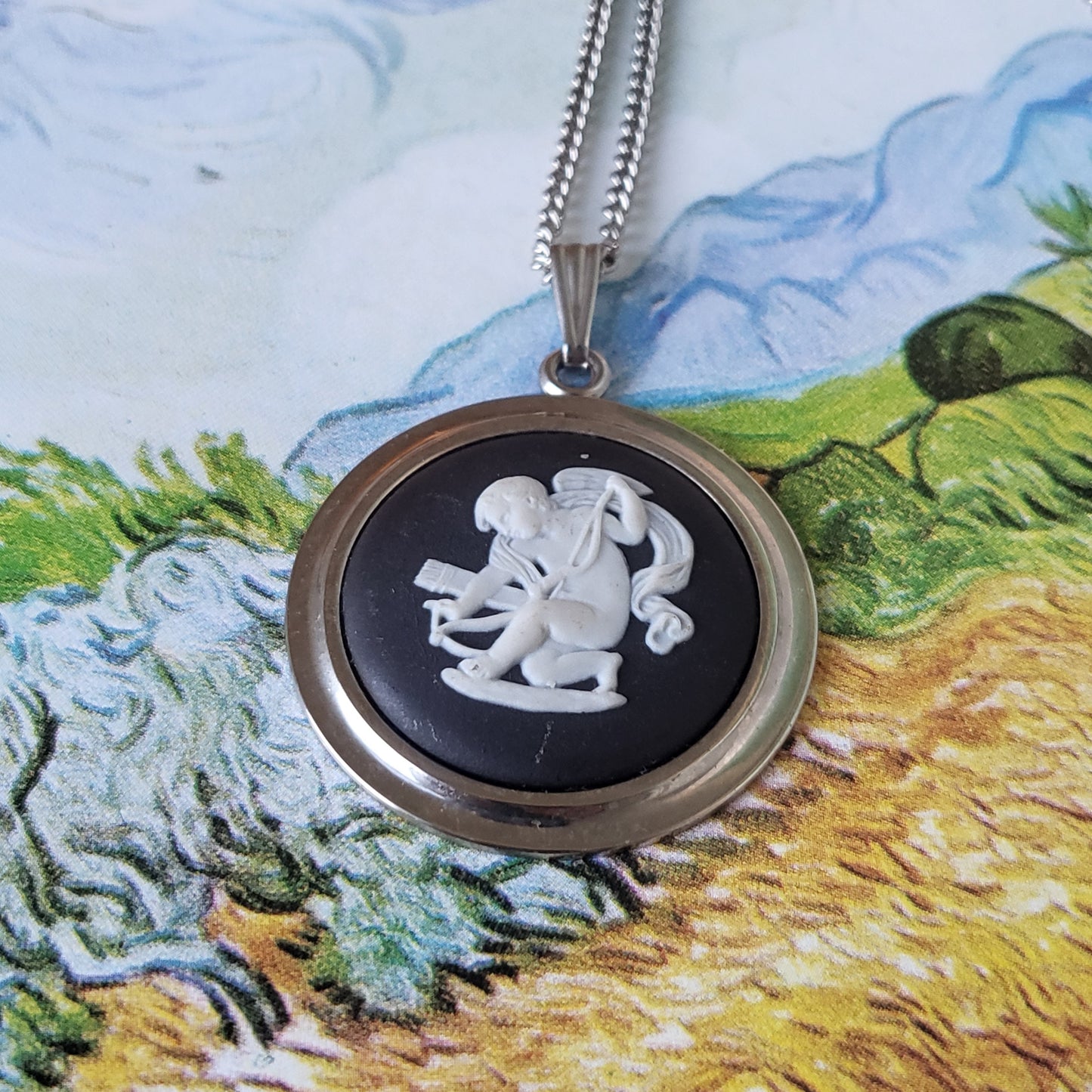 Necklace - Wedgwood Black Jasperware Cherub Cameo Necklace