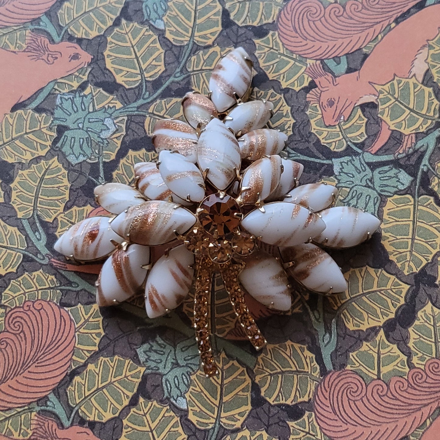 Brooch - Gold and White Glass Leaf Statement Brooch