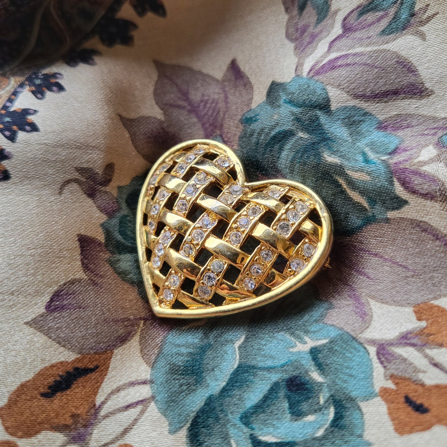 Brooch - Monet Gold and Crystal Lattice Heart Brooch