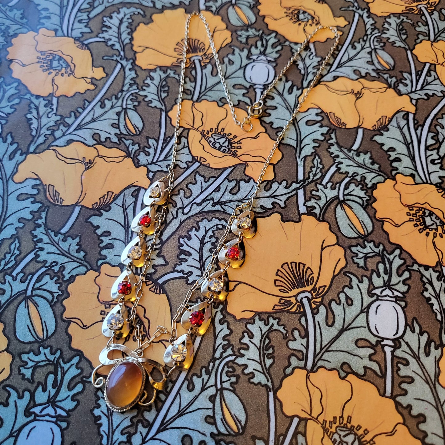 Necklace - Vintage Amber Glass and Red and Clear Crystal Heart Chain Necklace