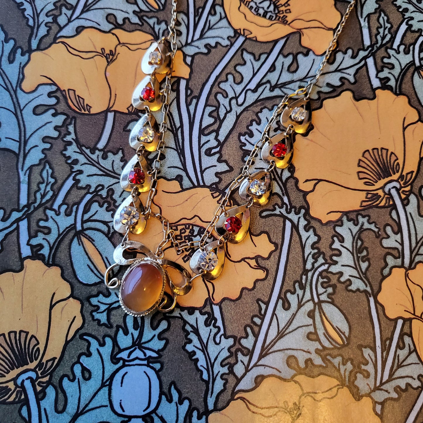 Necklace - Vintage Amber Glass and Red and Clear Crystal Heart Chain Necklace