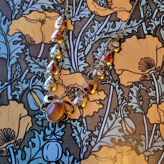 Necklace - Vintage Amber Glass and Red and Clear Crystal Heart Chain Necklace