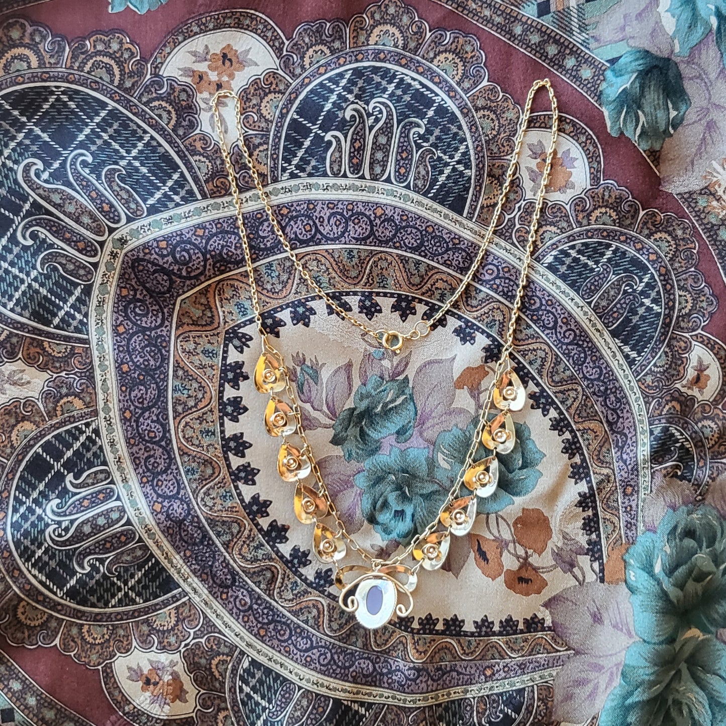 Necklace - Vintage Amber Glass and Red and Clear Crystal Heart Chain Necklace