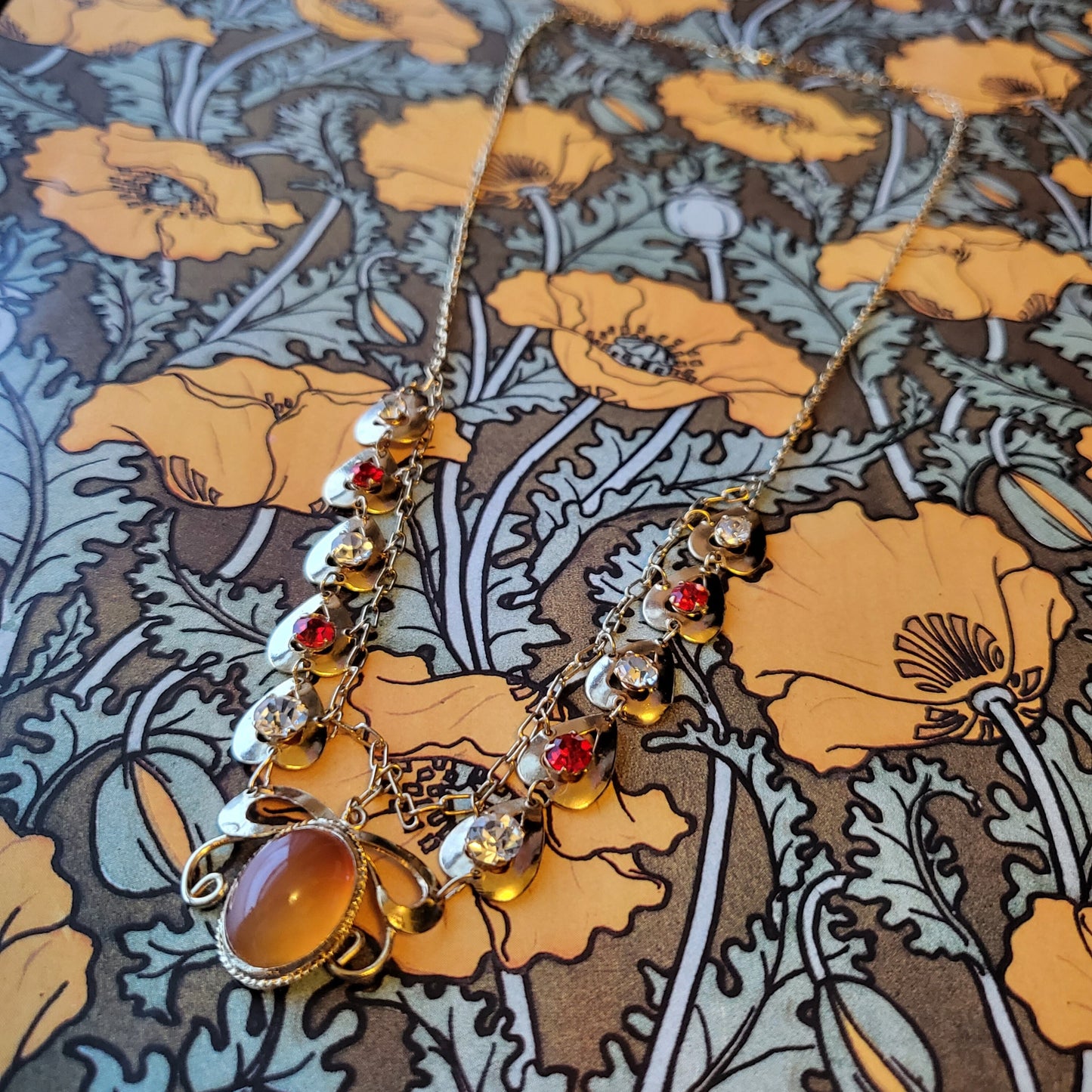 Necklace - Vintage Amber Glass and Red and Clear Crystal Heart Chain Necklace