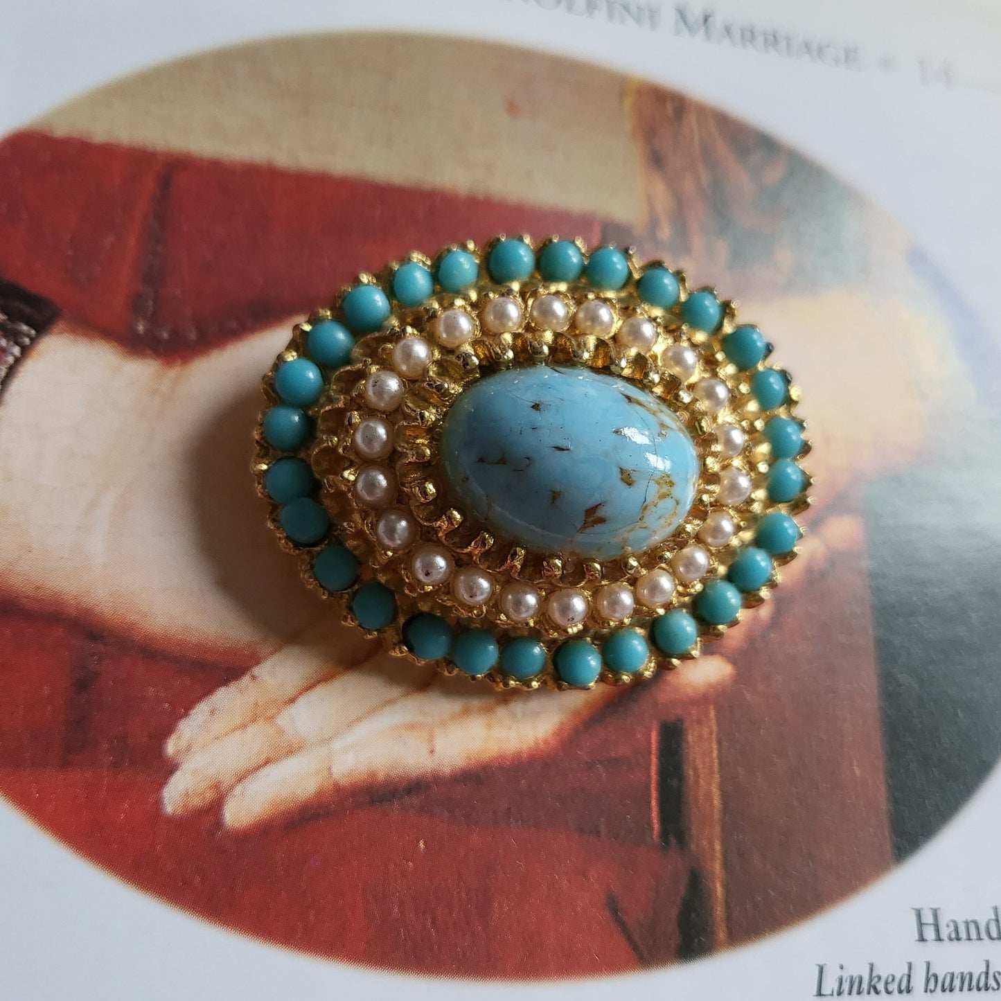 Brooch - Vintage Seed Pearl and Turquoise Oval Brooch