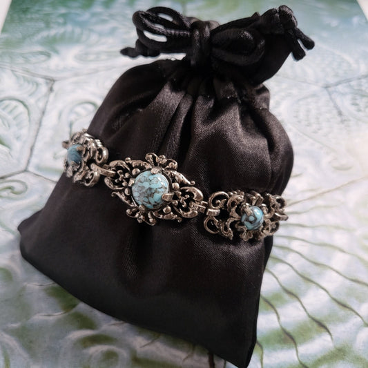 Bracelet - Art Nouveau Style Antiqued Silver Metal Turquoise Bracelet
