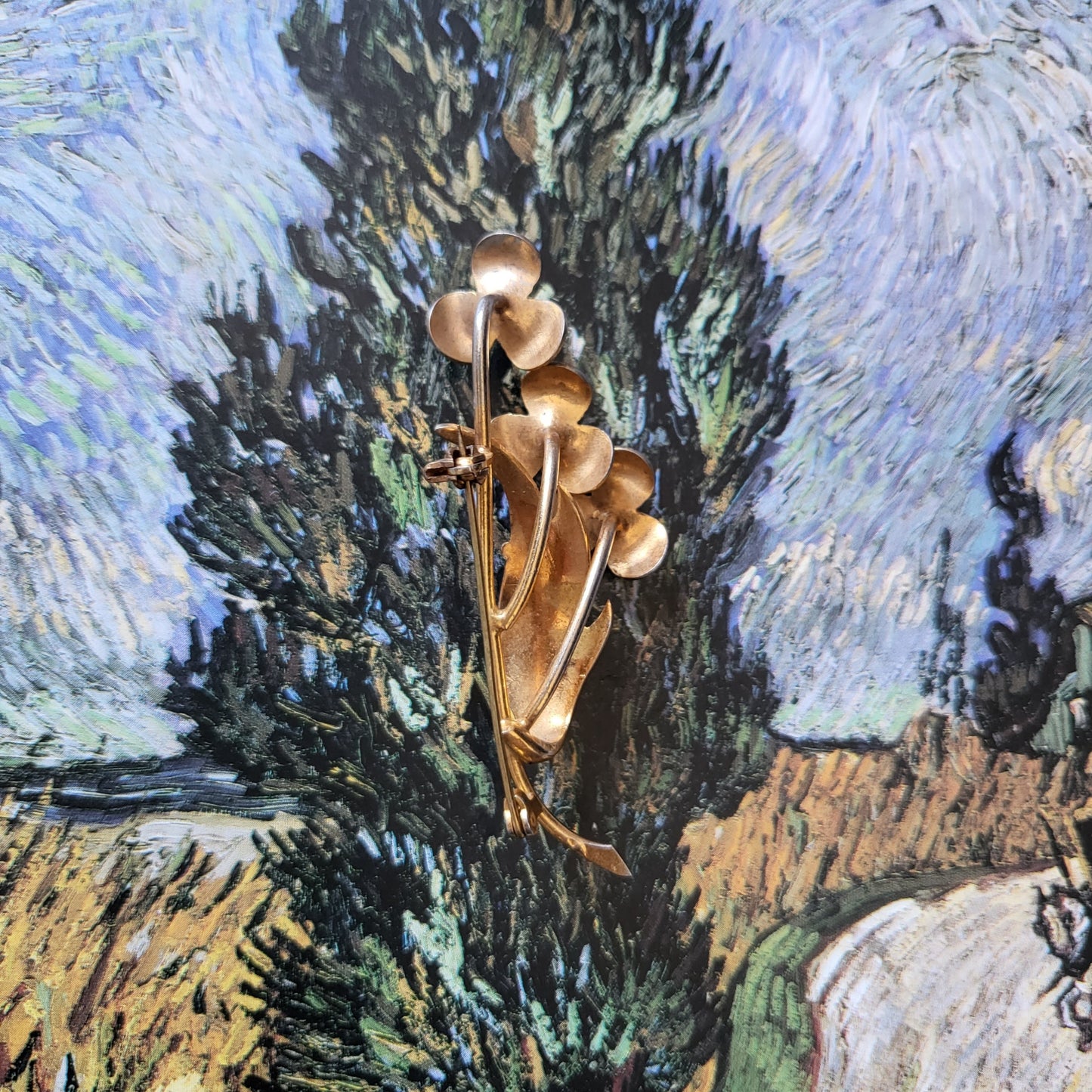 Brooch - Damascene Faux Pearl Three Flowers Brooch