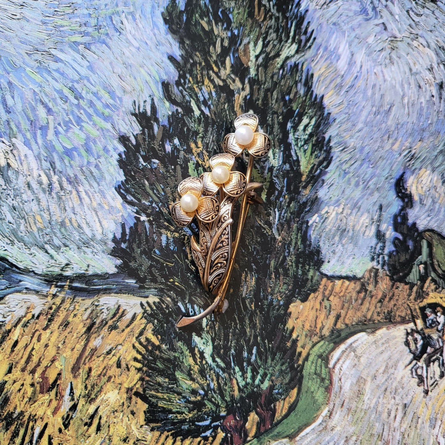 Brooch - Damascene Faux Pearl Three Flowers Brooch