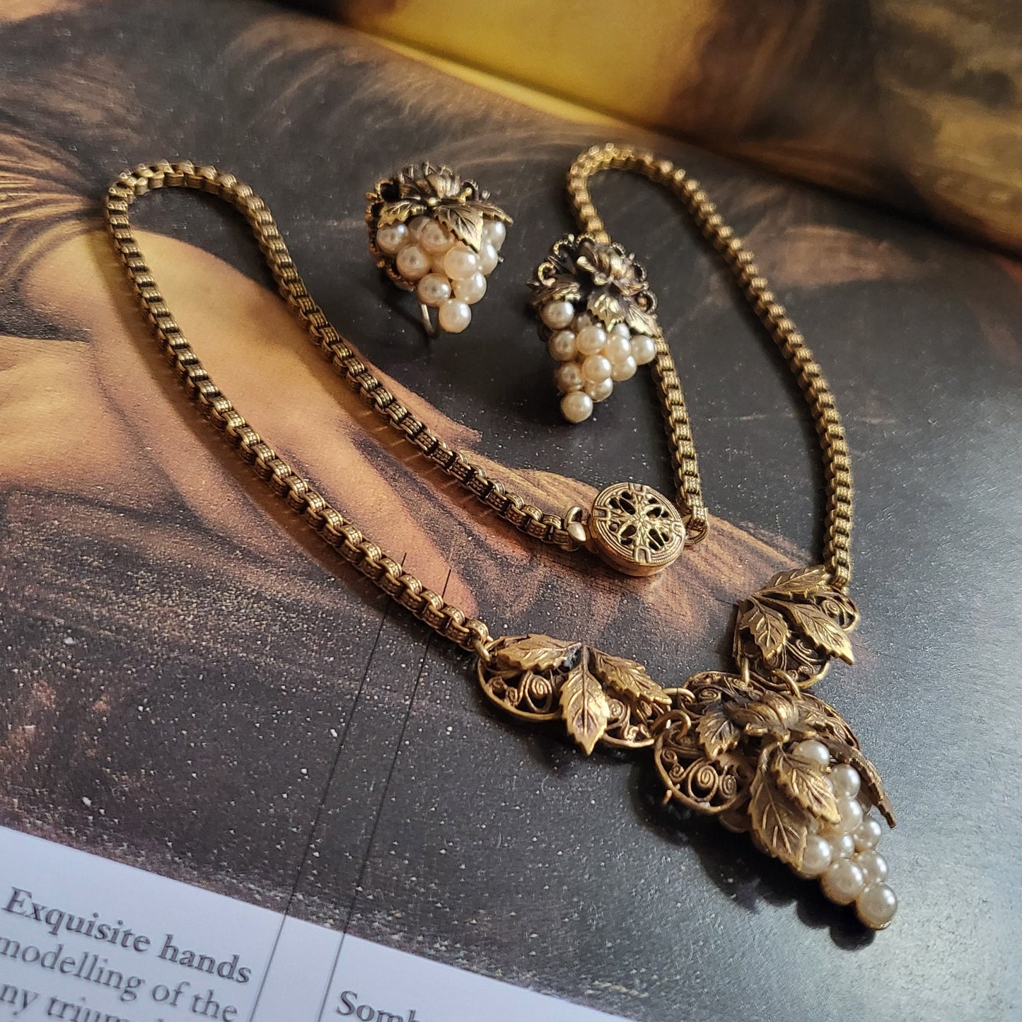 Set - Faux Pearl Grapes Necklace and Screw on Earrings