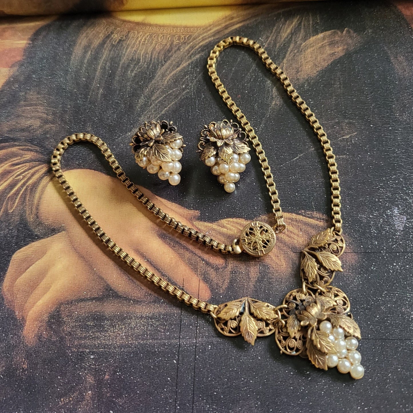 Set - Faux Pearl Grapes Necklace and Screw on Earrings