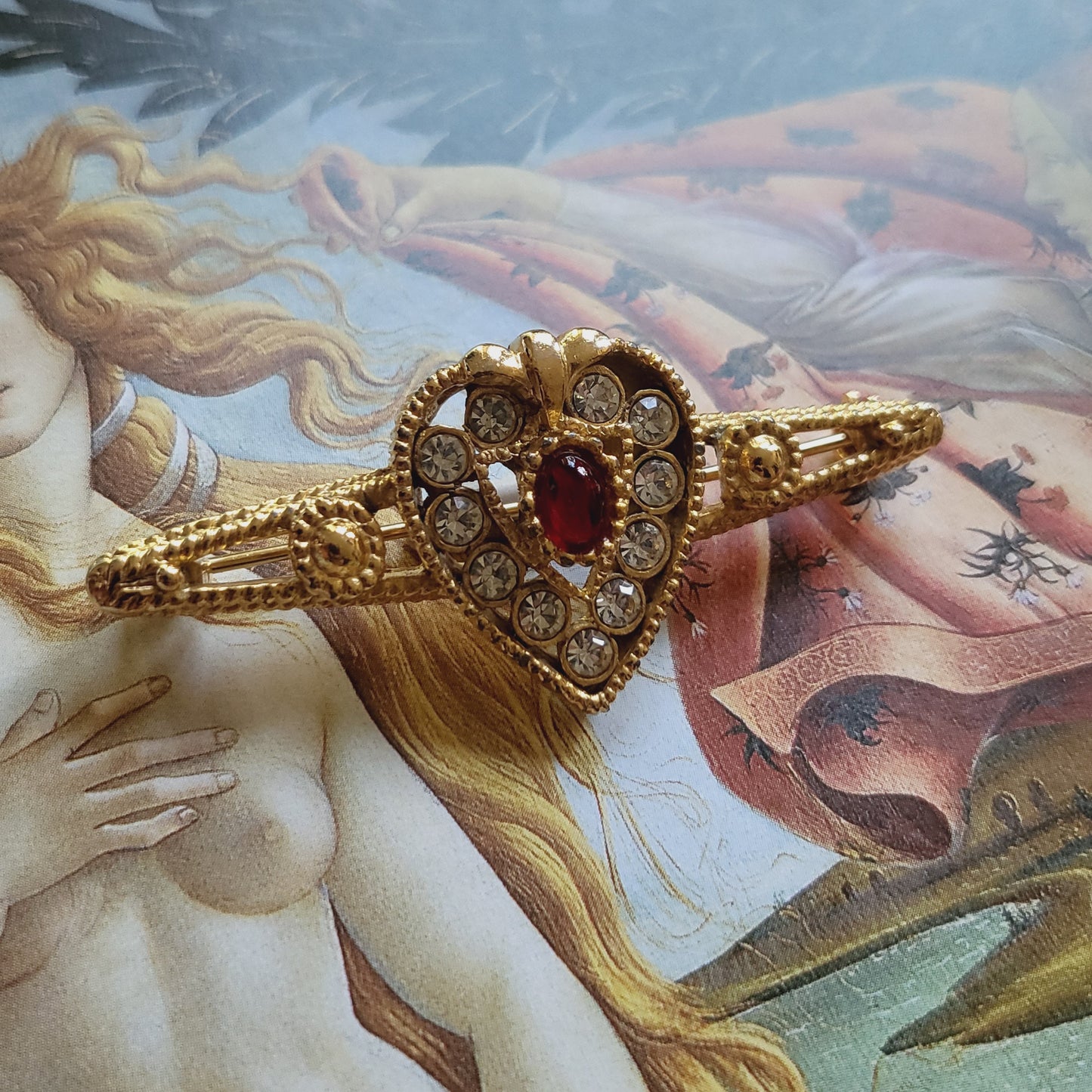 Brooch - Sphinx Red and Clear Crystals Heart Bar Brooch