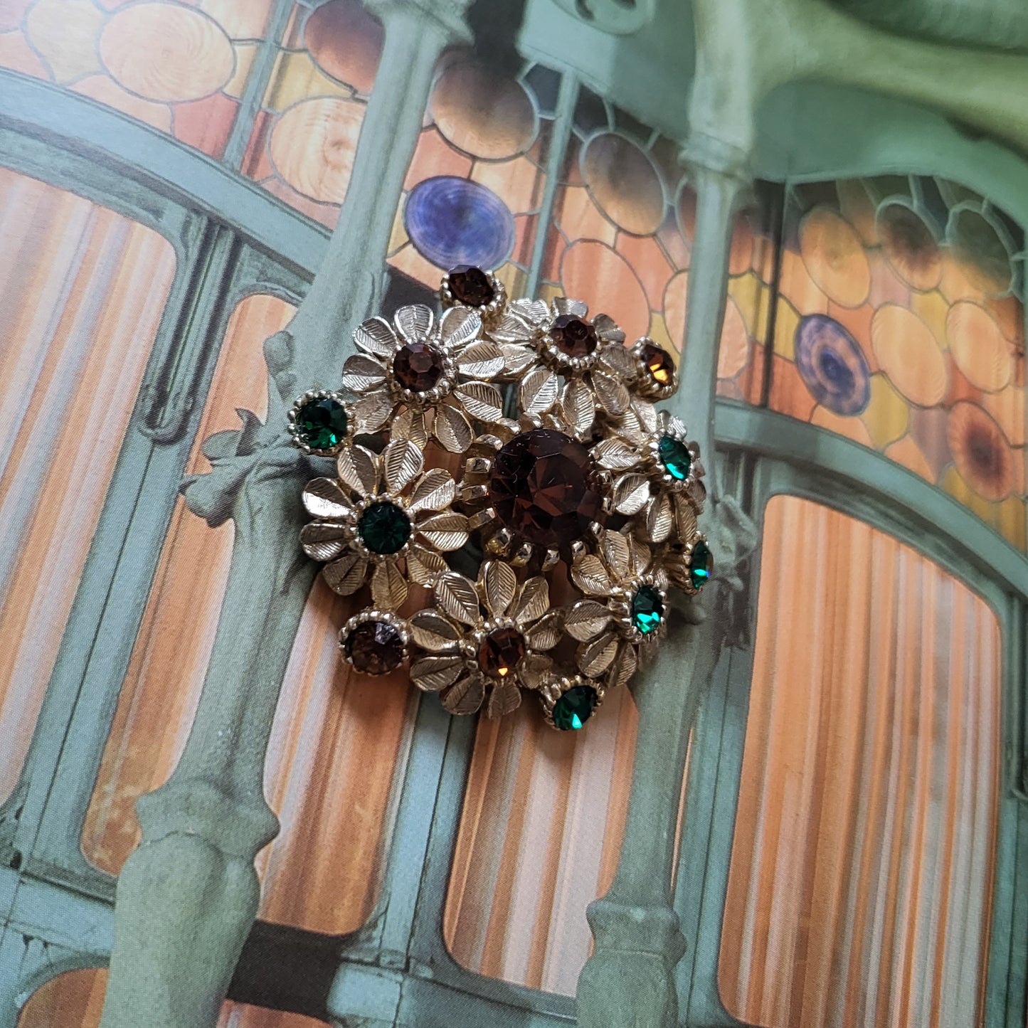 Brooch - Sphinx Amber and Green Crystal Flower Cluster Brooch