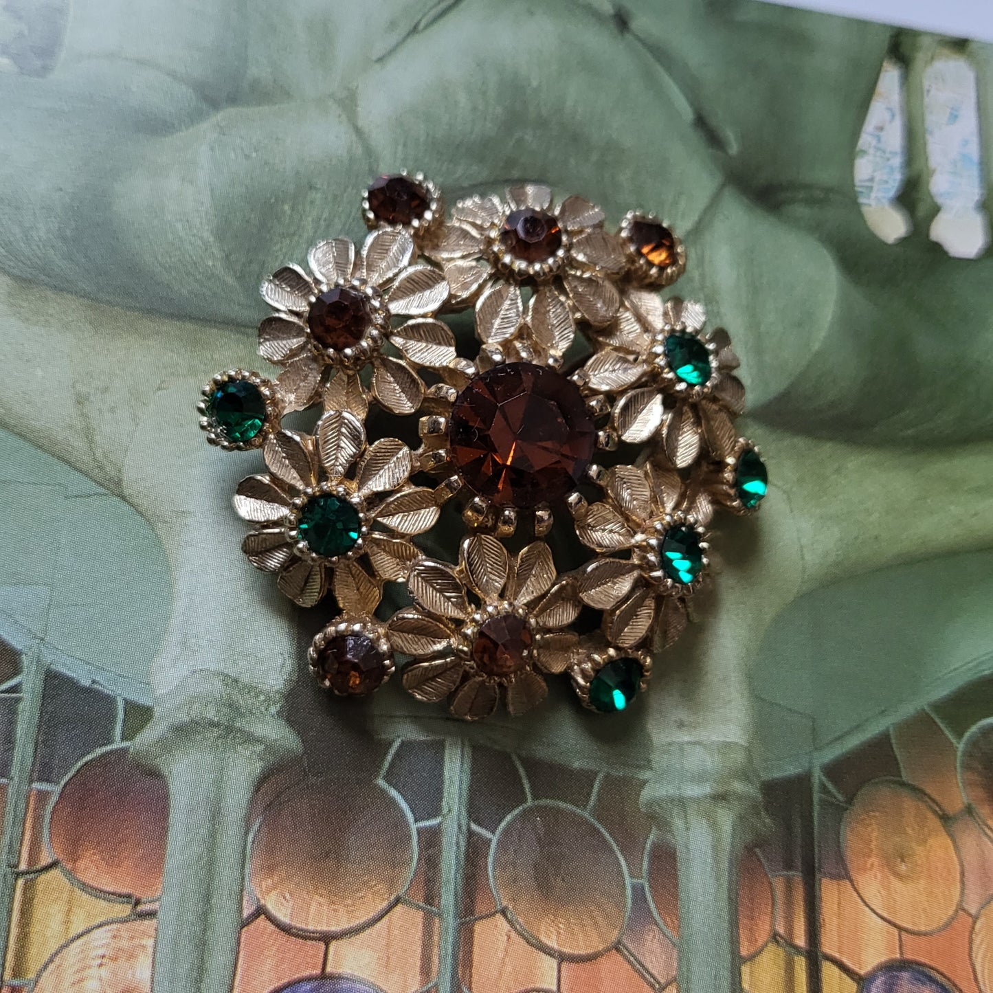 Brooch - Sphinx Amber and Green Crystal Flower Cluster Brooch