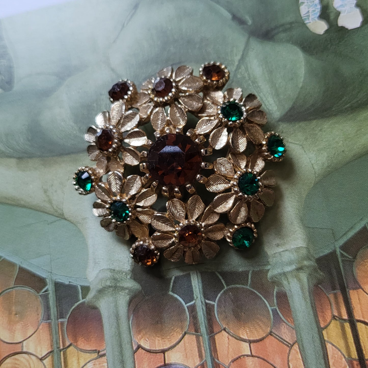 Brooch - Sphinx Amber and Green Crystal Flower Cluster Brooch