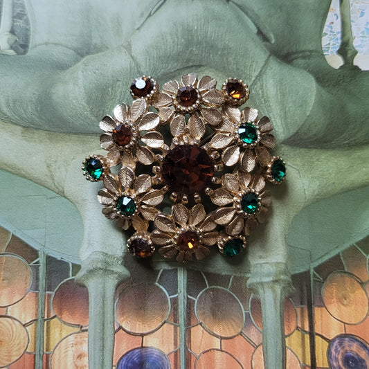 Brooch - Sphinx Amber and Green Crystal Flower Cluster Brooch