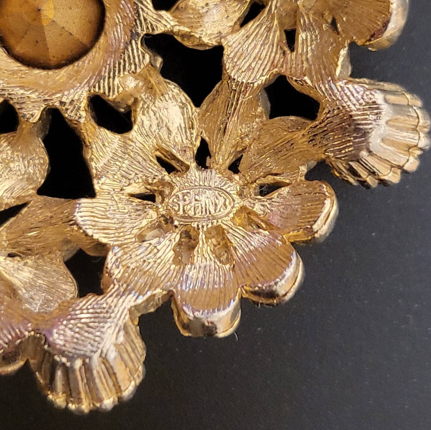 Brooch - Sphinx Amber and Green Crystal Flower Cluster Brooch