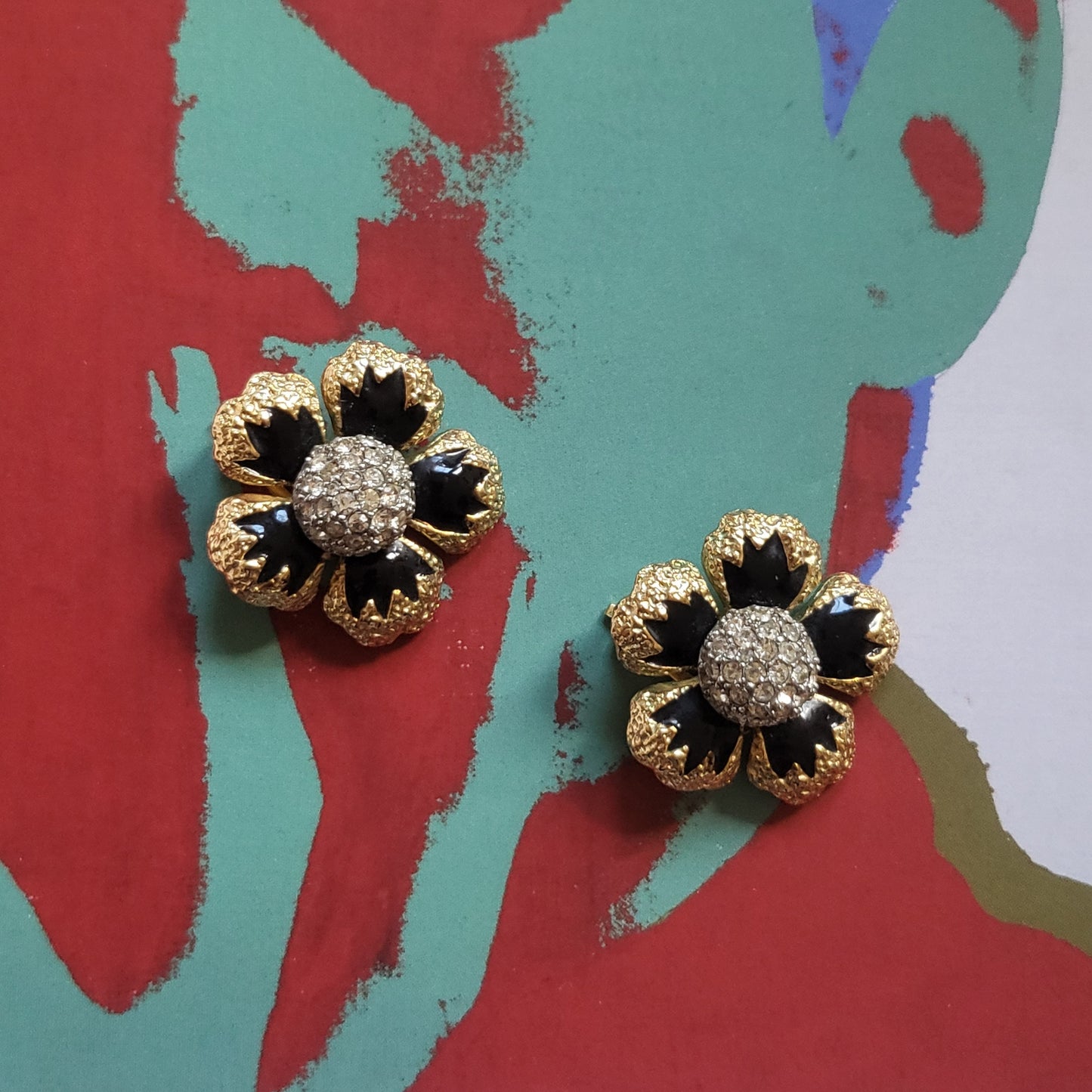 Clip on - Sphinx Black Enamel Crystal Flower Clip On Earrings