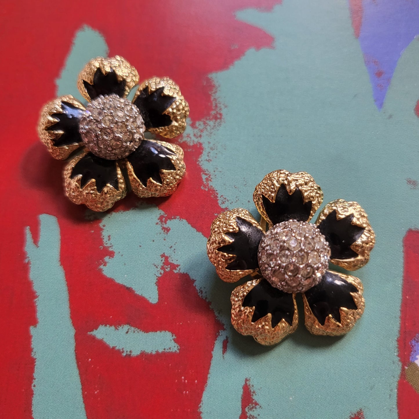 Clip on - Sphinx Black Enamel Crystal Flower Clip On Earrings