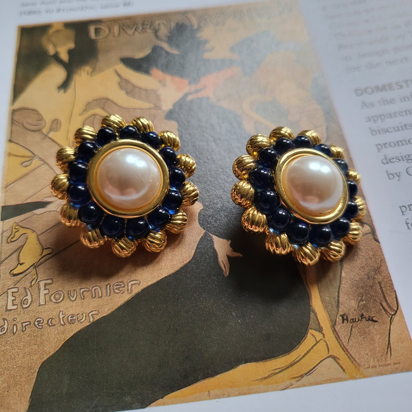 Clip on - Joan Rivers Pearl and Blue Glass Beads Flower Clip on Earrings