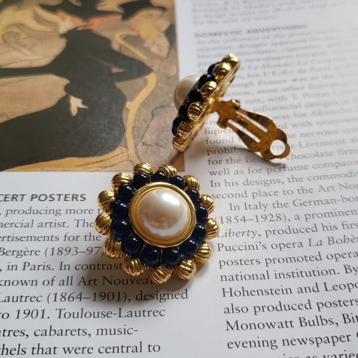 Clip on - Joan Rivers Pearl and Blue Glass Beads Flower Clip on Earrings