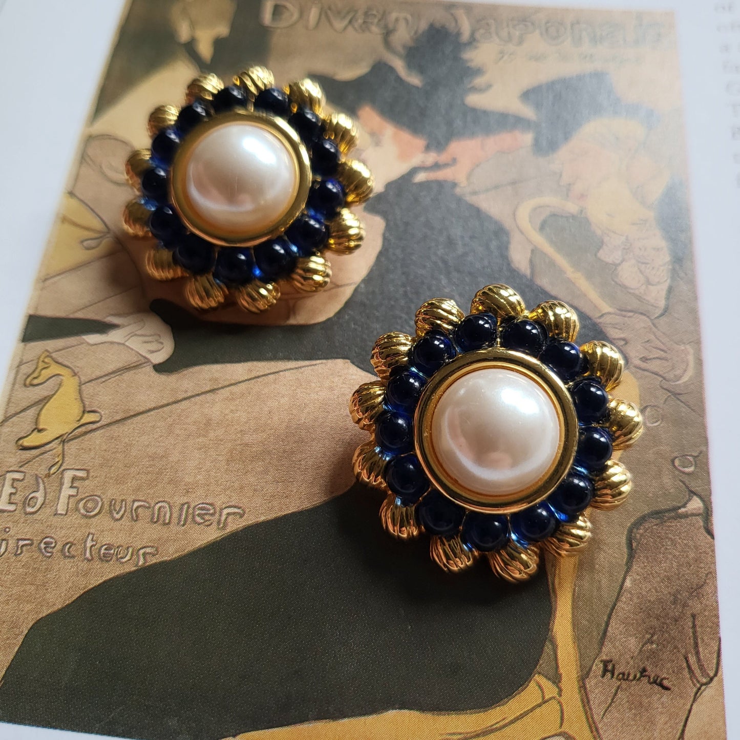 Clip on - Joan Rivers Pearl and Blue Glass Beads Flower Clip on Earrings