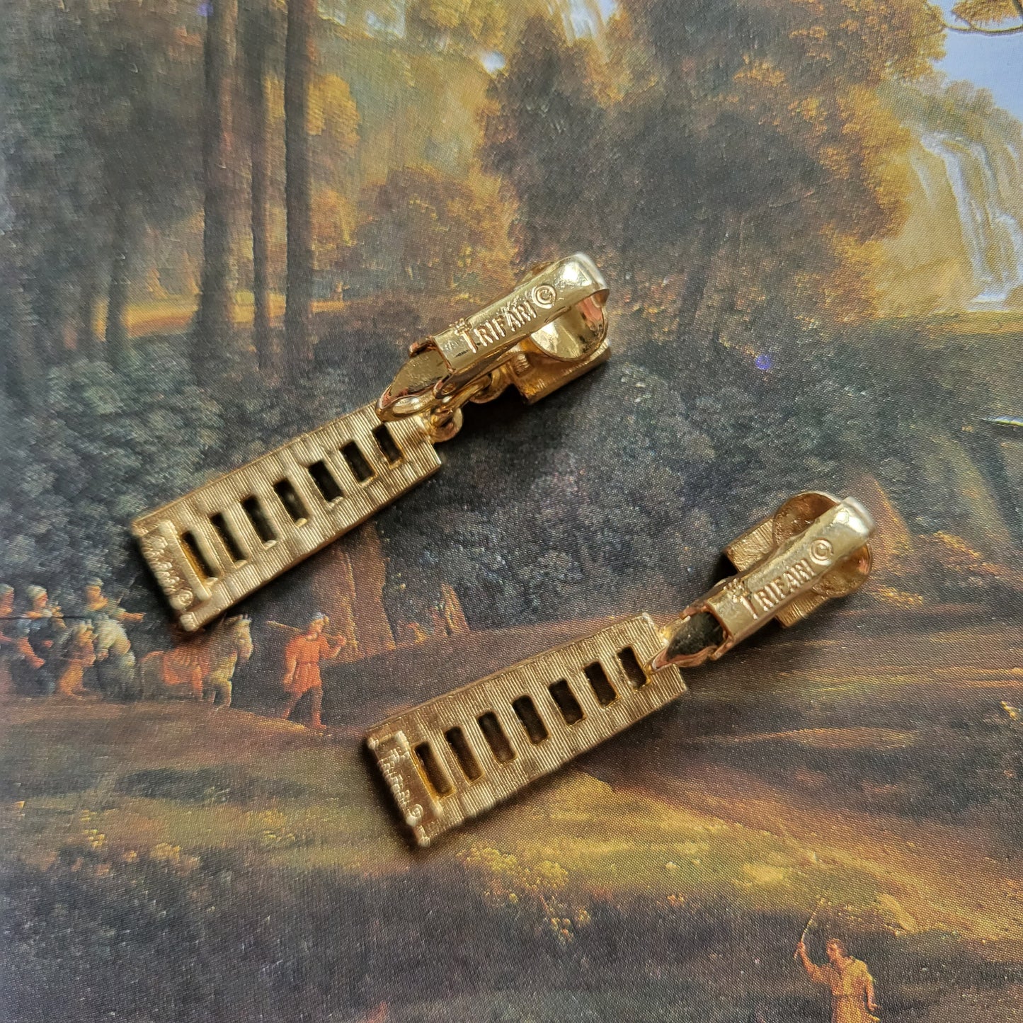 Clip on - Trifari Gold Ladder Drop Clip on Earrings