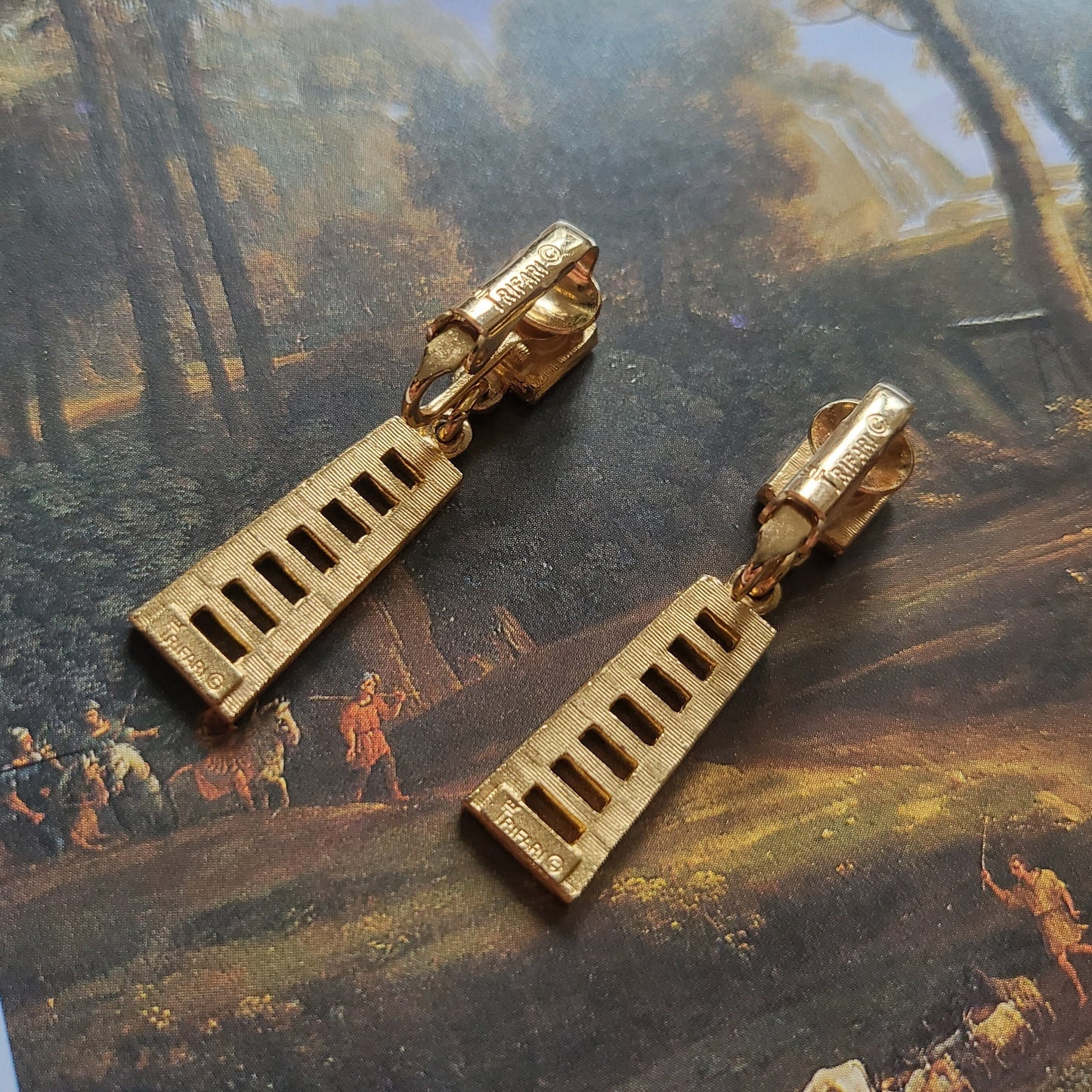 Clip on - Trifari Gold Ladder Drop Clip on Earrings