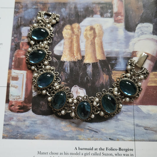 Bracelet - Filigree Style Antiqued Silver Metal Blue Cabochon Bracelet