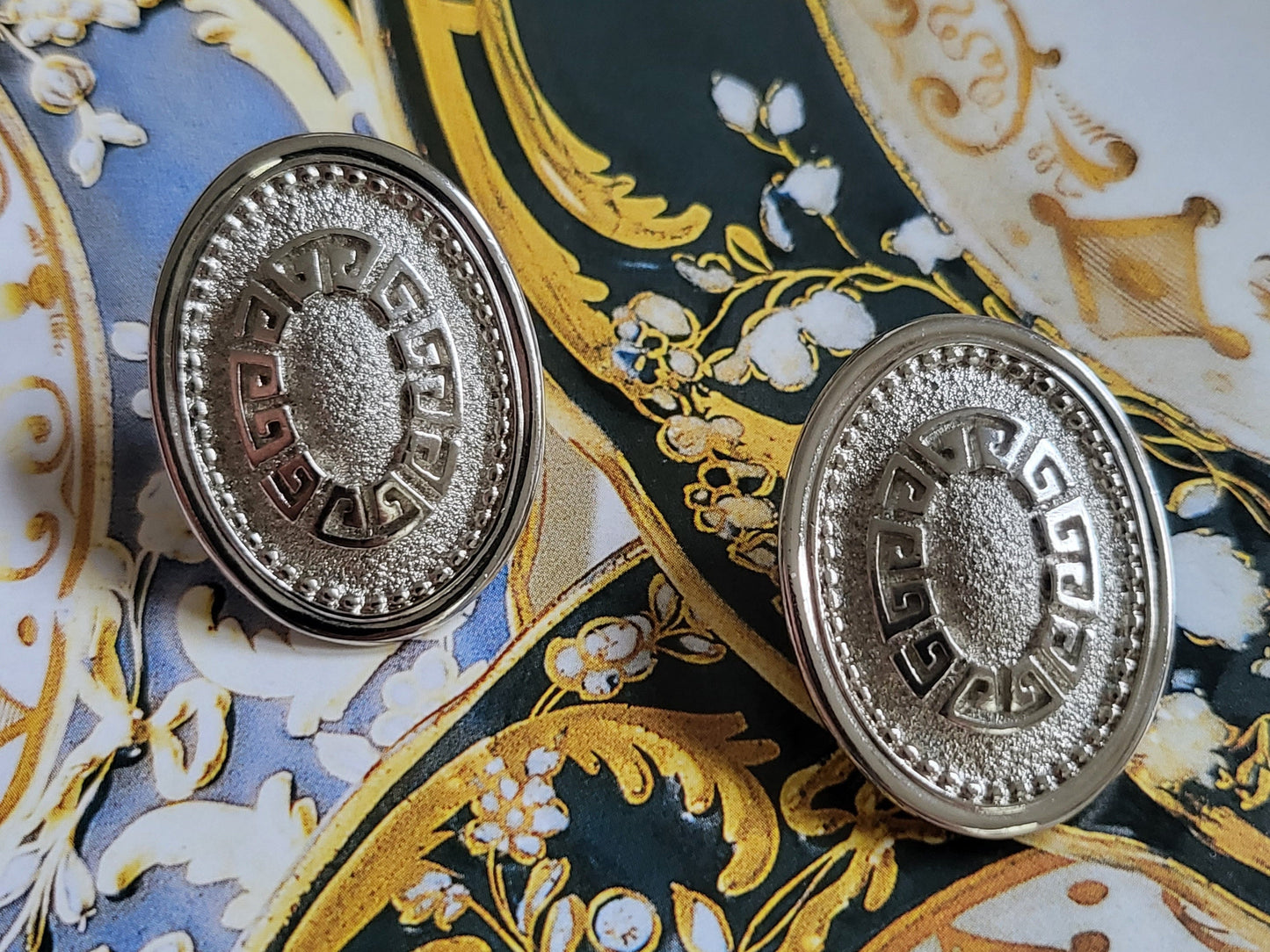 Posts - PCI Silver Meander Oval Stud Earrings