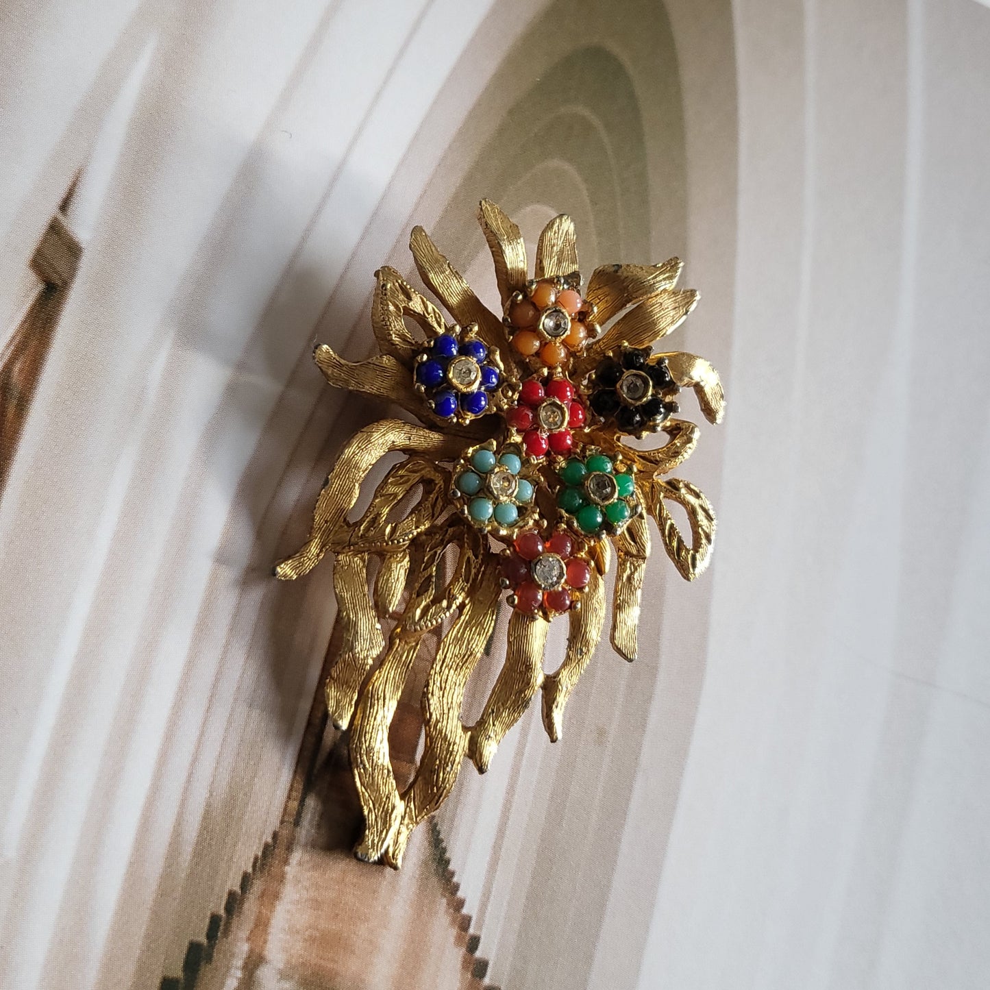 Brooch - Hattie Carnegie Multicoloured Glass Beads Flower Bouquet Brooch