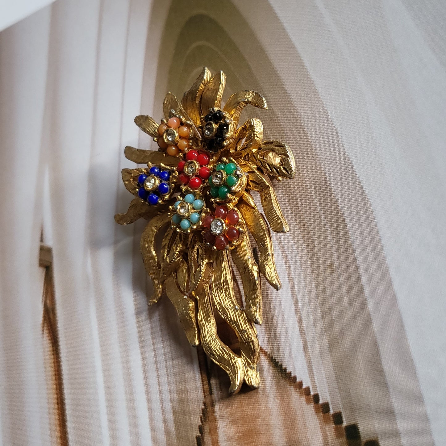 Brooch - Hattie Carnegie Multicoloured Glass Beads Flower Bouquet Brooch