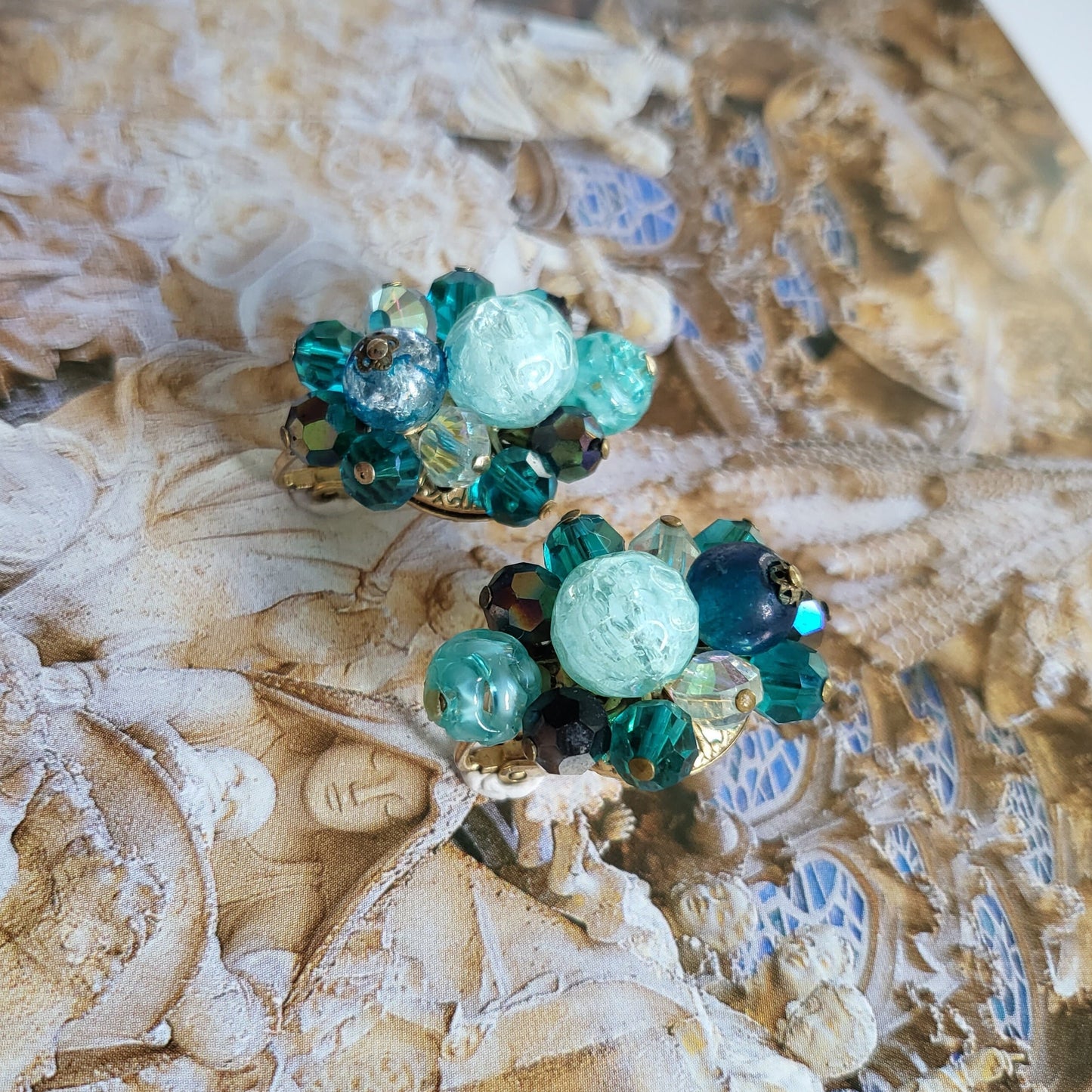 Clip on - Corocraft Green and Blue Glass Beads Clip On Earrings