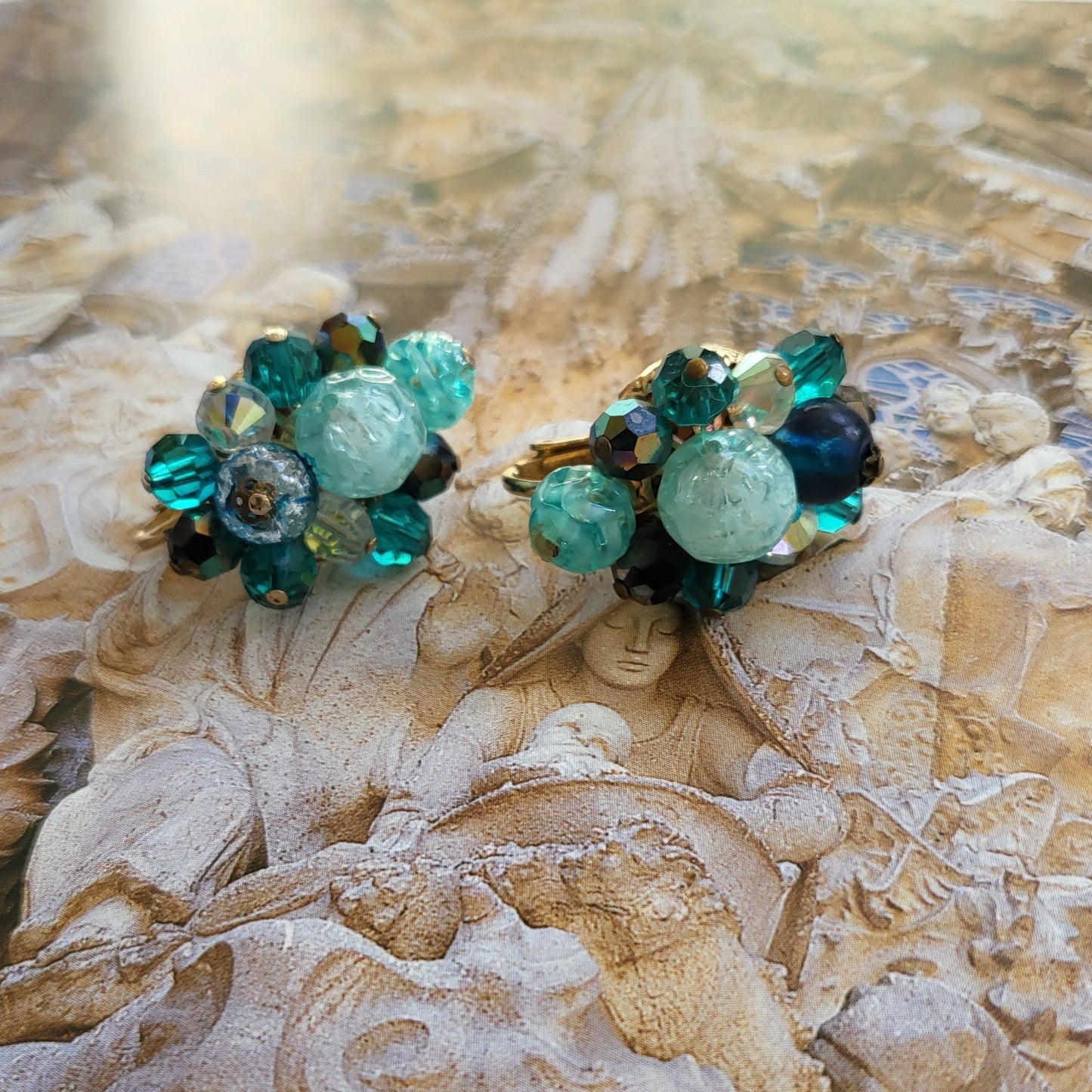 Clip on - Corocraft Green and Blue Glass Beads Clip On Earrings